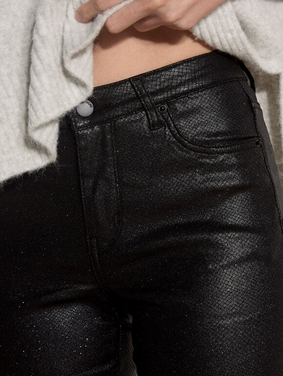 Glitter Snakeskin Skinny-Fit Jeans, Black, large