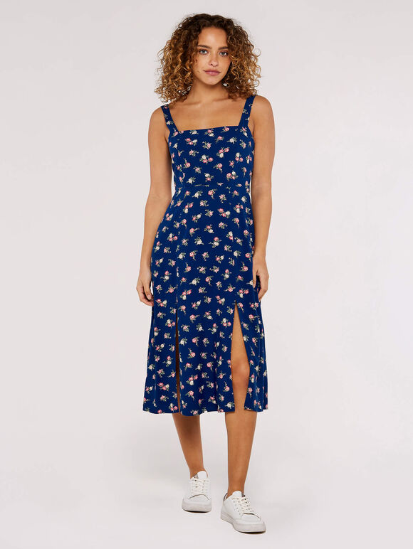 Floral Split Sun Midi Dress, Blue, large