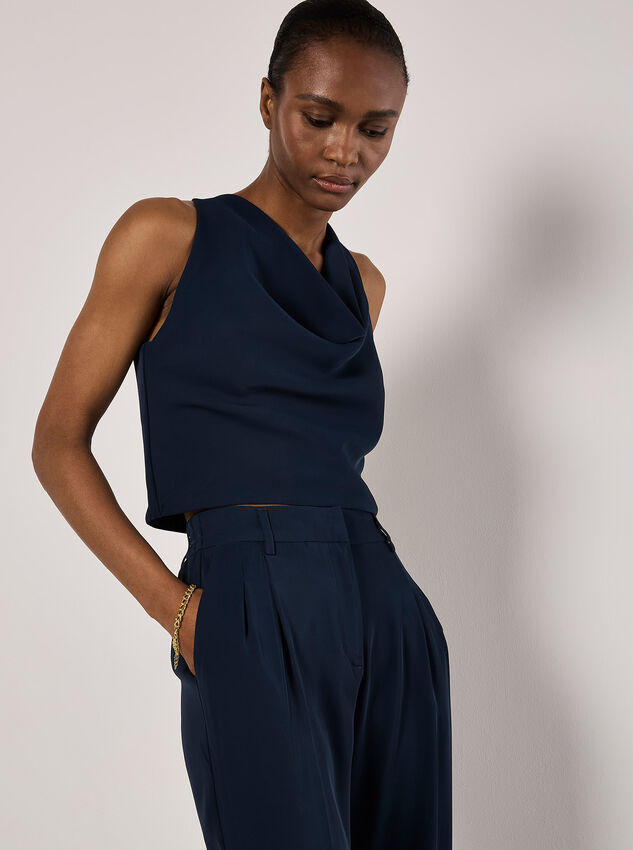 Sleeveless Cowl Neck Crop Top, Navy, large