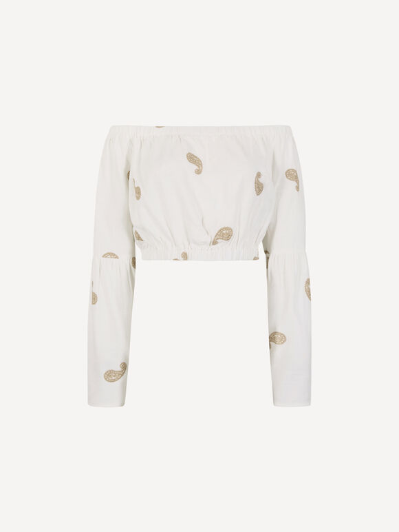 Paisley Embroidered Bardot Crop Top, Cream, large