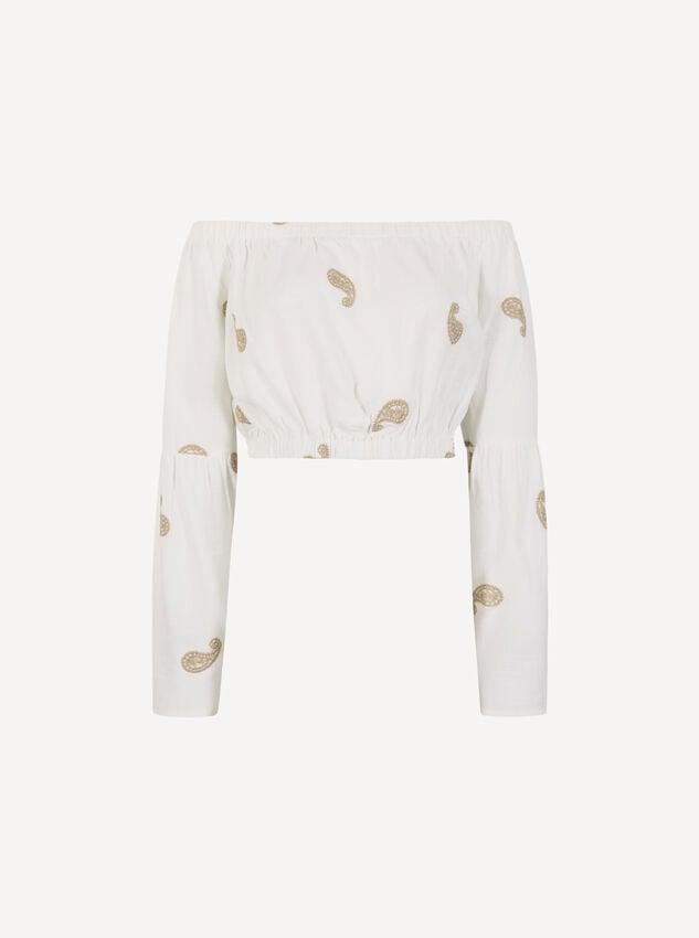Paisley Embroidered Bardot Crop Top, Cream, large