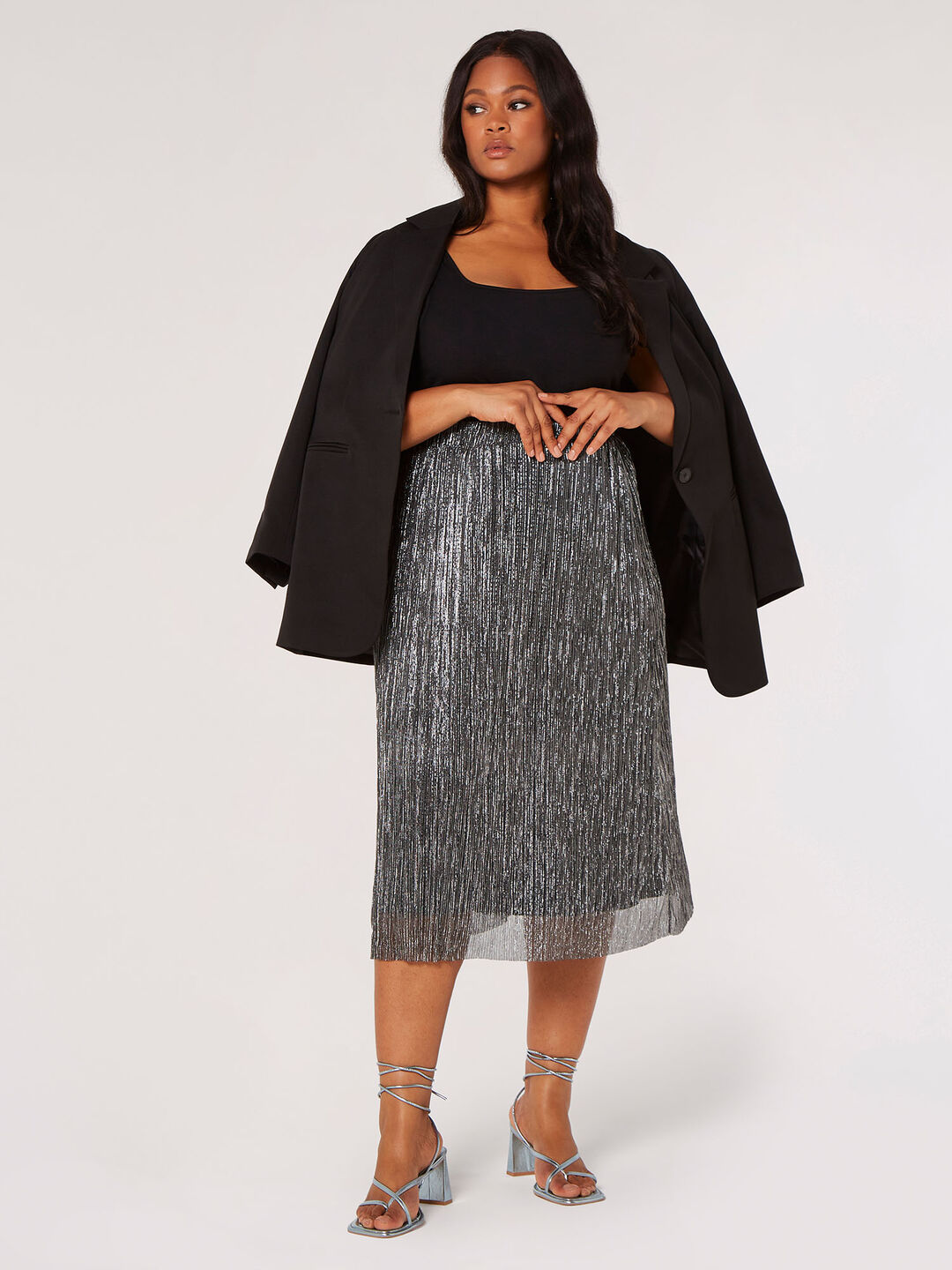 Lurex Plisse Midi Skirt