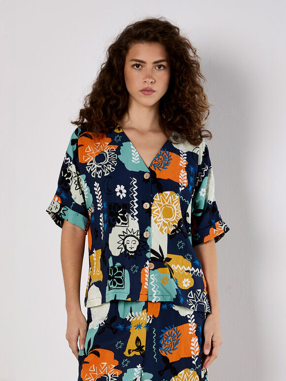 Colourful Sketch Print Top, Navy, large
