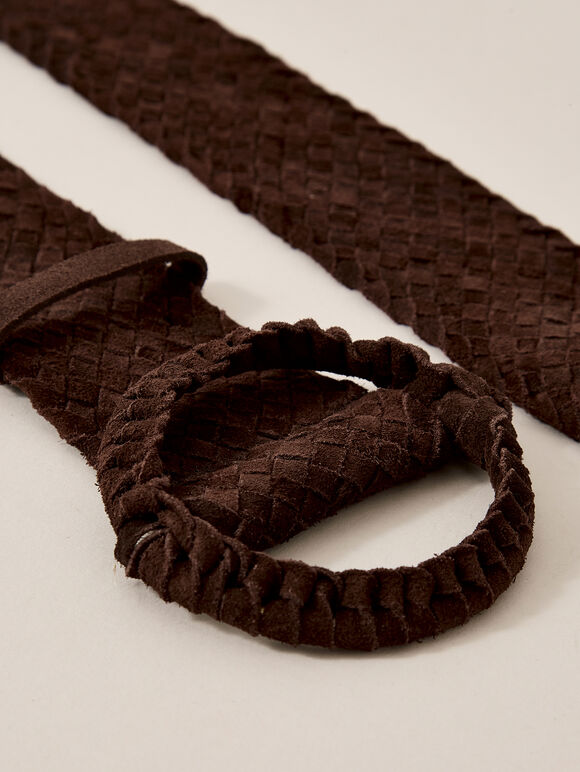 Wide Brown Braided Belt, Brown, large