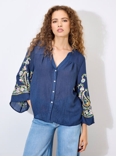 Paisley Embroidered Bell Sleeve Blouse