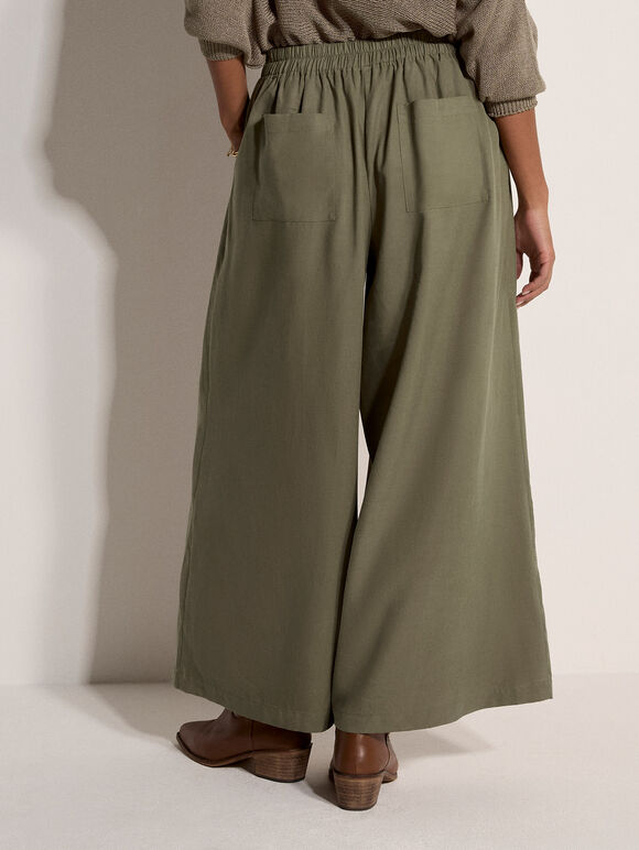 Slub Linen Wide-Leg Trousers, Khaki, large