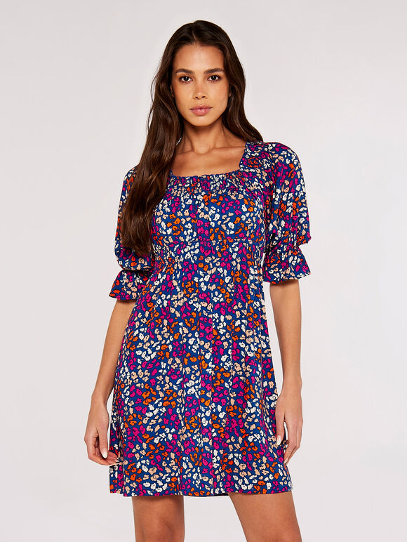 Ditsy Milkmaid Mini Dress, Blue, large