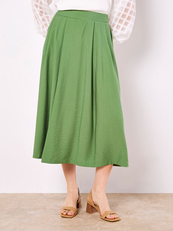 Pleated A-Line Midi Skirt, Green, large