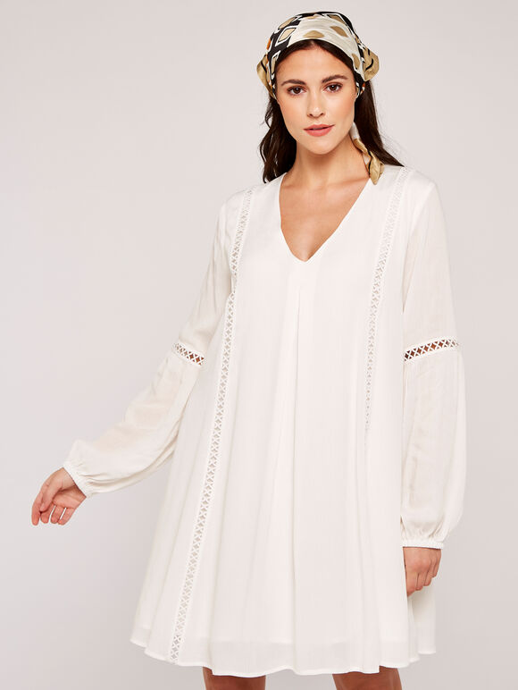Lace Detail Smock Dress, Cream, large