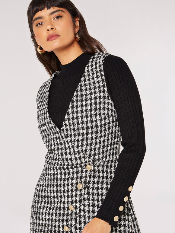 Dogtooth Pinafore Mini Dress, Black, large