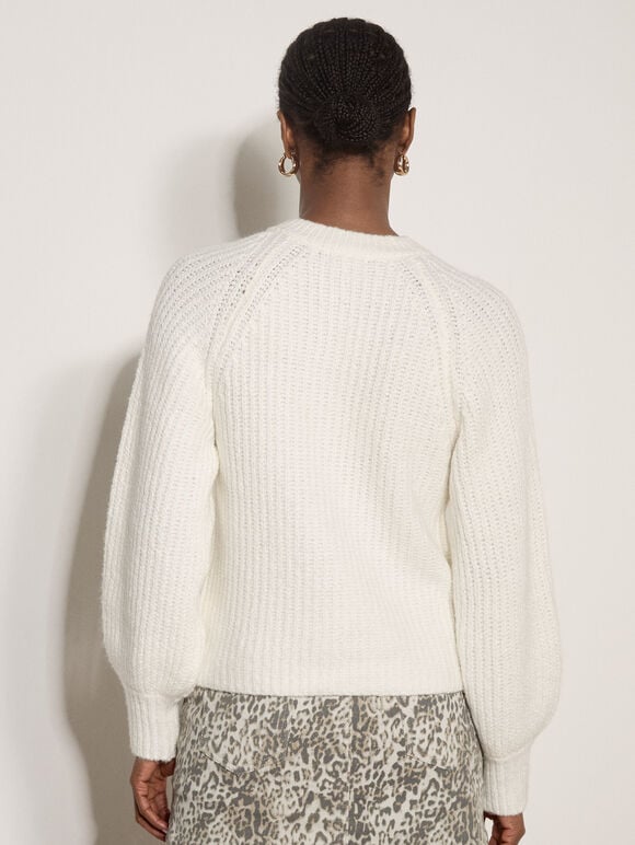 Cotton-Blend Chunky Ribbed Knit Cardigan, Cream, large