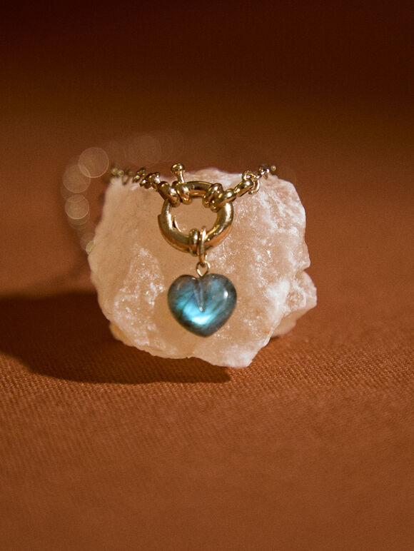 Gold Tone Heart Stone Pendant Necklace, Gold, large