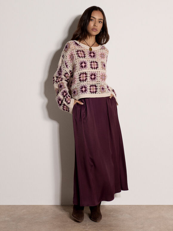 Crochet Squares Cropped Jumper, Mauve, large
