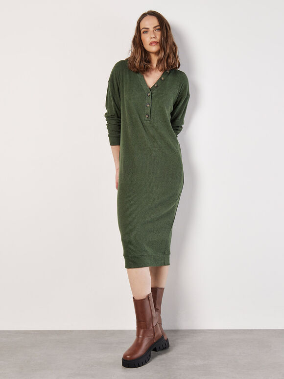 Ribbed Knit Midi Dress, Green, large