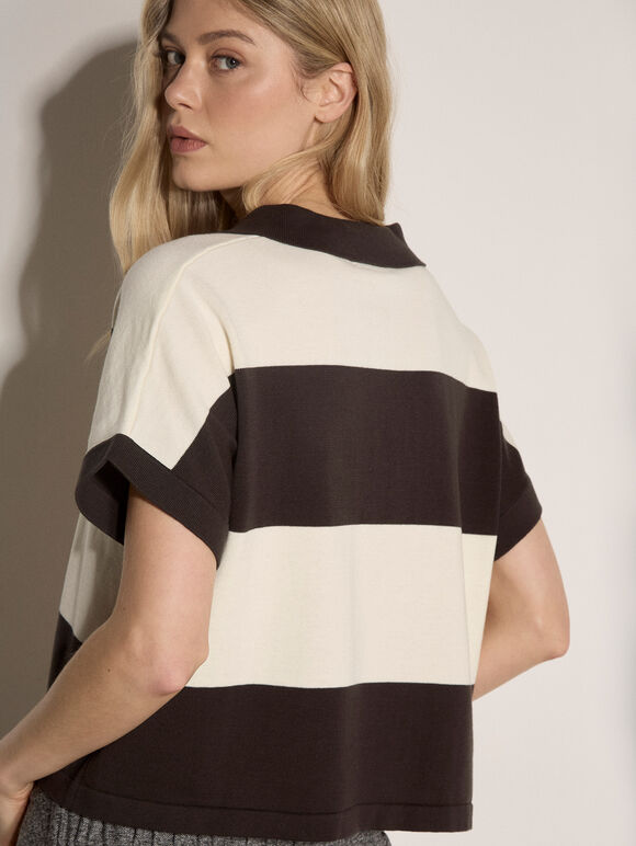 Boxy Cropped Stripe Knit T-Shirt, Grey, large