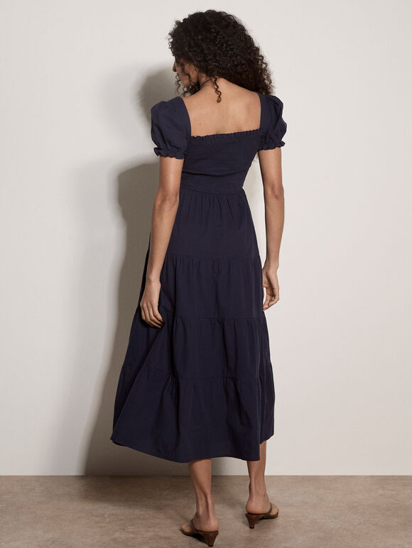 Cotton Tiered Milkmaid Midi Dress, Navy, large