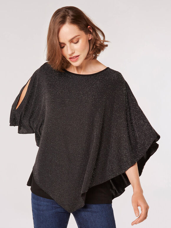 Asymmetric Sparkle Cape Top, Black, large