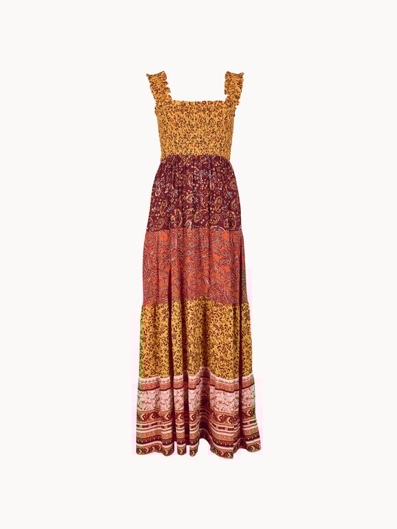 Patchwork Floral Paisley Maxi Dress, Orange, large