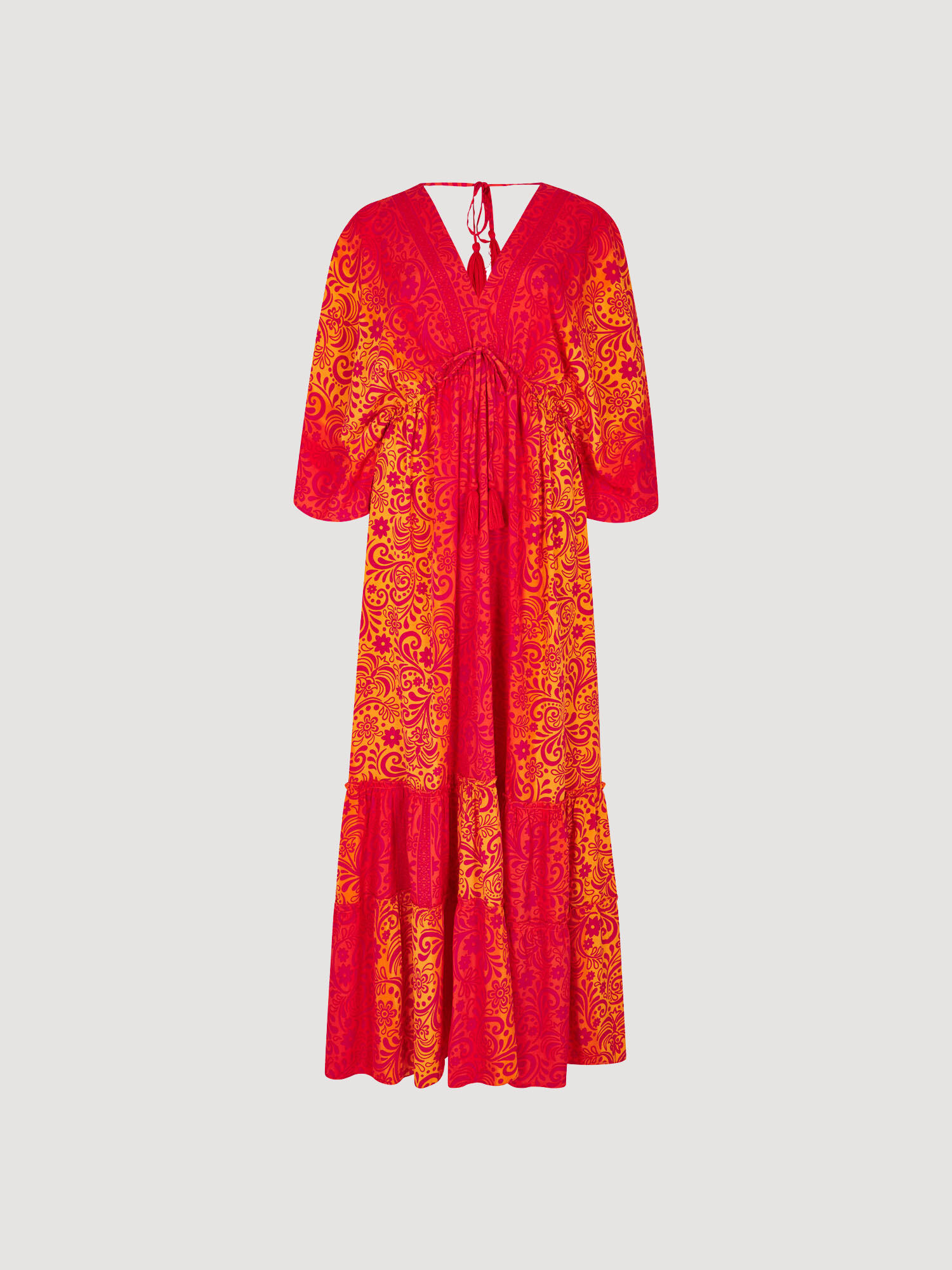 Floral Satin Kimono Kaftan Maxi Dress Apricot Clothing