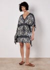 Scarf Print Kimono Mini Dress, Navy, large