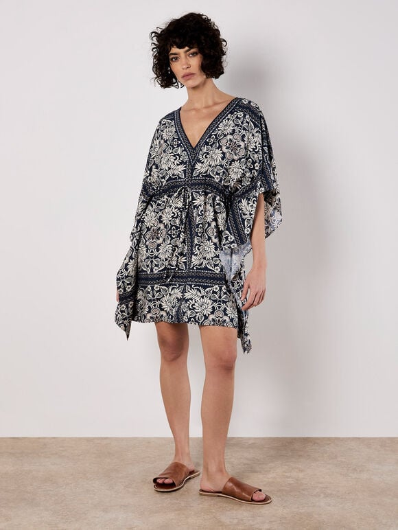 Scarf Print Kimono Mini Dress, Navy, large