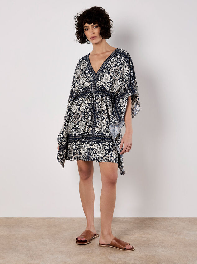 Scarf Print Kimono Mini Dress, Navy, large
