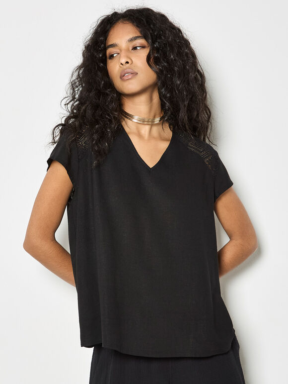 Crochet Insert T-Shirt, Black, large