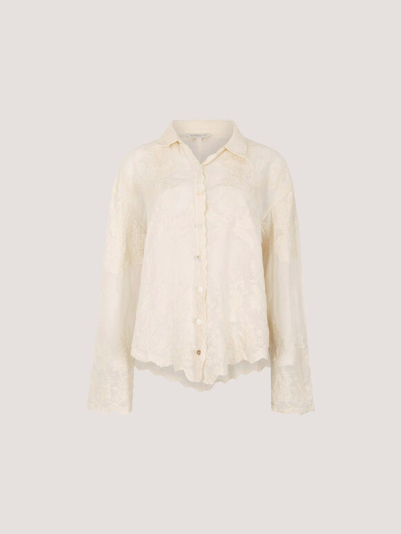 Floral Embroidered Cotton Shirt, Stone, large