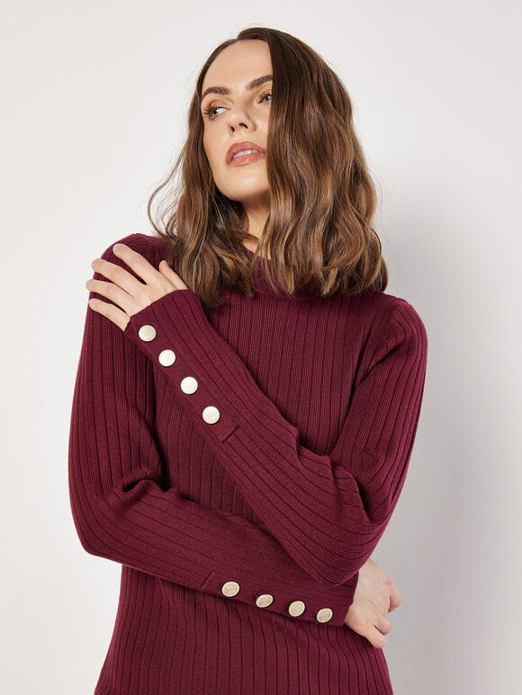 Ribbed Knit Gold Button Midi Dress, Burgundy, large