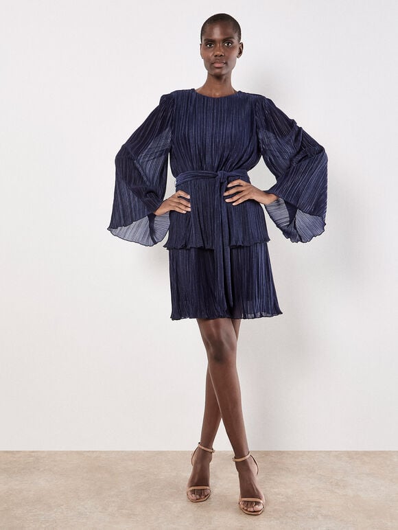 Plisse Tiered Mini Dress, Navy, large