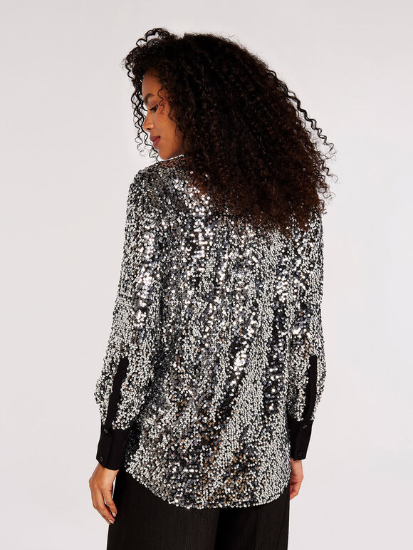 Sequin Button Down Shirt, Light Grey / Silver, large