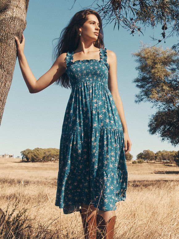 Orchid Print Smocked Midi Dress, Blue, large
