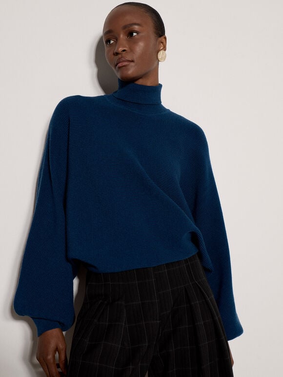 Ribbed Knit Batwing Cape Jumper, Cobalt/Royal Blue, large