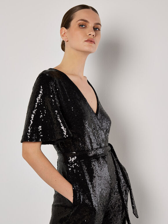 Sequin Wrap Jumpsuit, Black, large