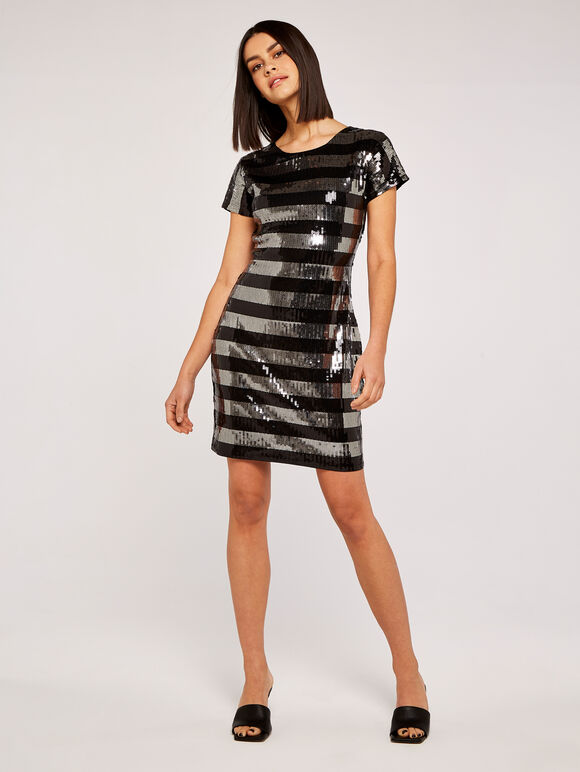 Sequin Stripe Mini Dress, Light Grey / Silver, large