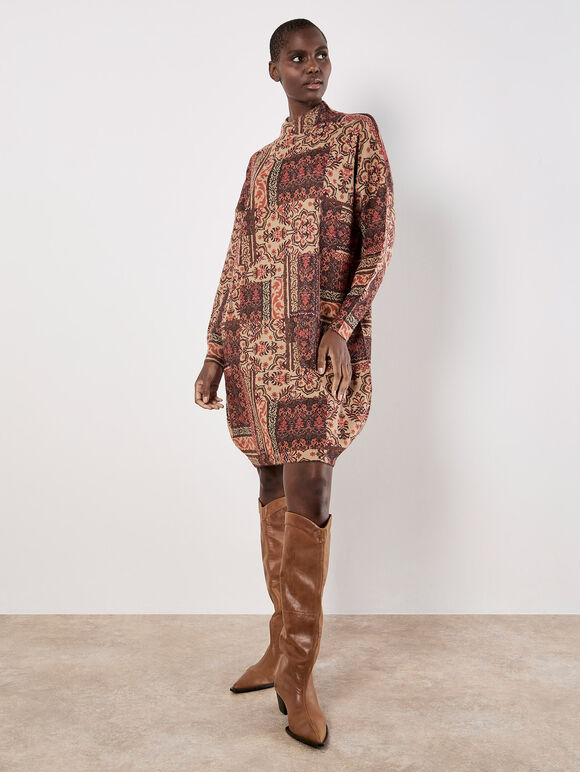 Ikat Patchwork Oversized Jumper Mini Dress, Burgundy, large