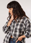 Cotton Blend Oversized Check Shirt, Grey, large