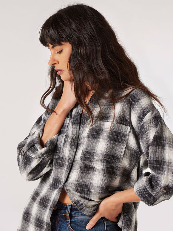 Cotton Blend Oversized Check Shirt, Grey, large