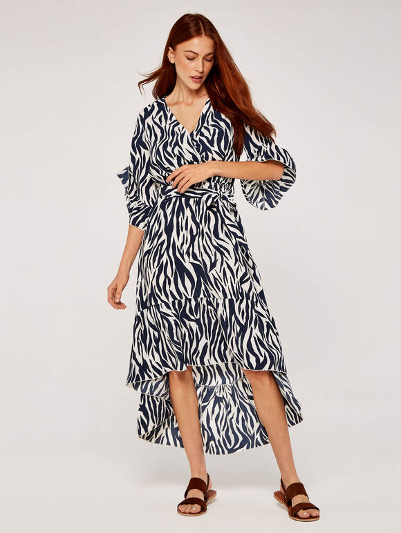 Zebra Print Dip Hem Dress, Navy, large