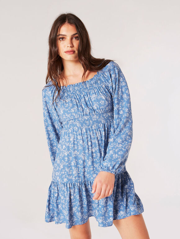 Floral Silhouette Milkmaid Mini Dress, Blue, large