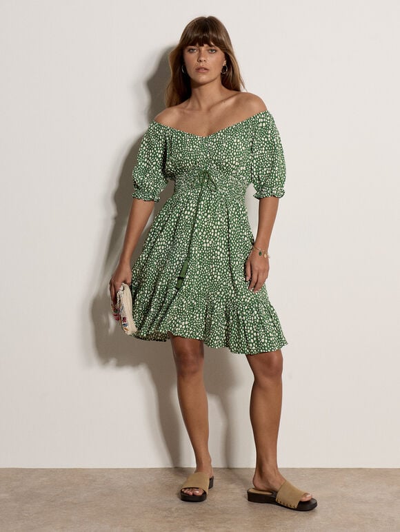 Irregular Spot Bardot Mini Dress, Thyme Green, large