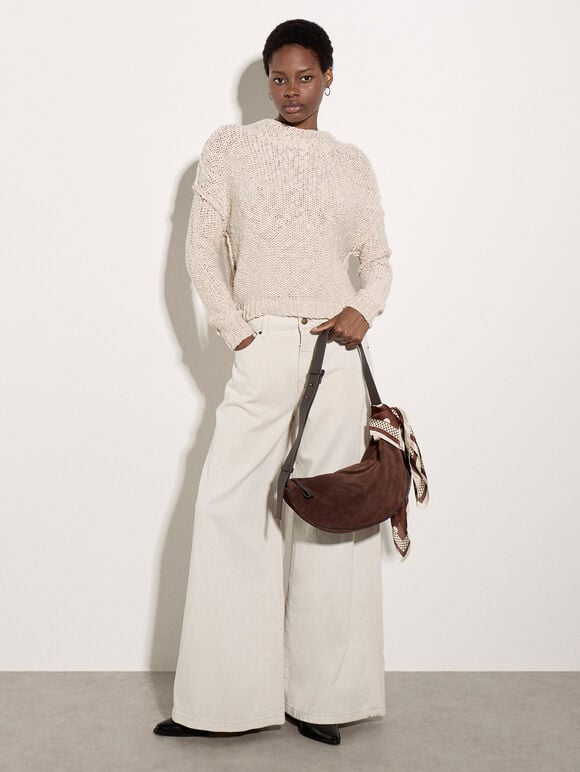Mock Neck Textured Chunky Jumper, Stone, large