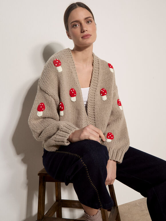 Mushroom Appliqu&eacute; Chunky Knit Cardigan, Brown, large
