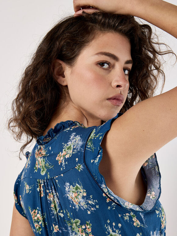 Ditsy Floral Print Midi Dress, Blue, large