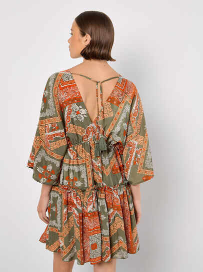 Satin Scarf Print Kaftan Mini Dress