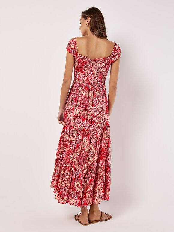 Milchmädchen-Maxikleid mit Schal-Print, Rot, Größe L