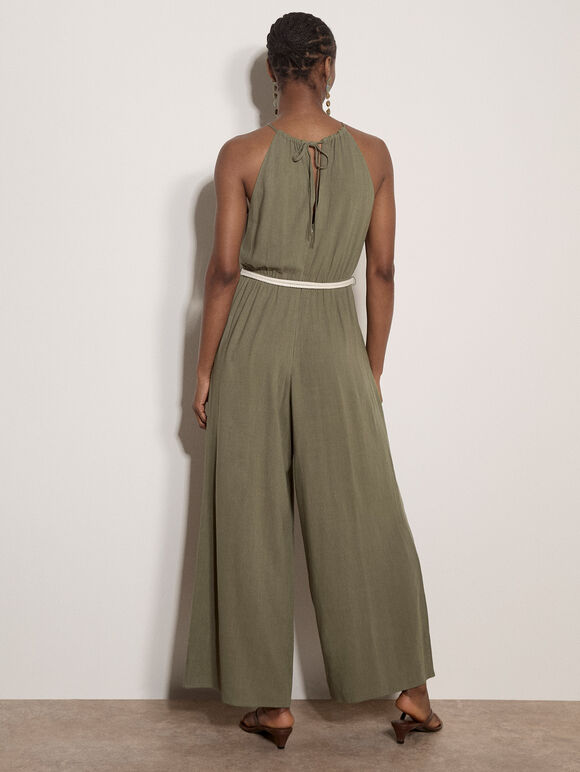 Cotton Blend Wide-Leg Jumpsuit, Khaki, large