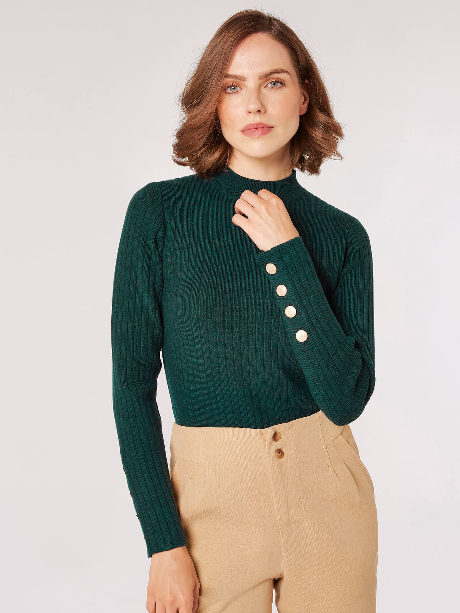 Gold Button Ribbed Jumper Apricot Clothing
