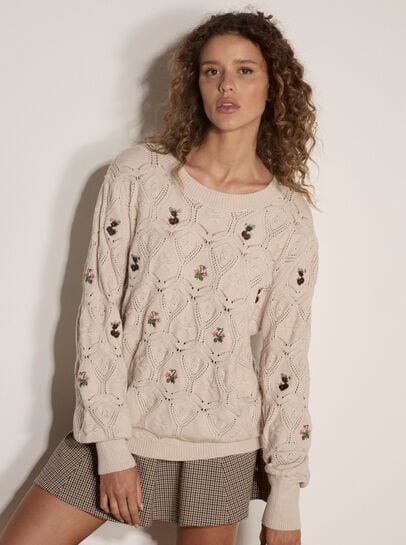 Pointelle Knit Floral Embroidered Jumper