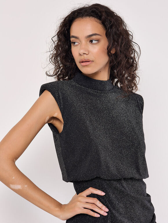 Sparkle Ruched Bodycon Midi Dress, Black, large